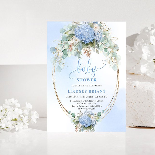 Botanical Boho Blue Hydrangea Baby Shower Invitati Einladung (Botanical Boho Blue Hydrangea Baby Shower Invitation)