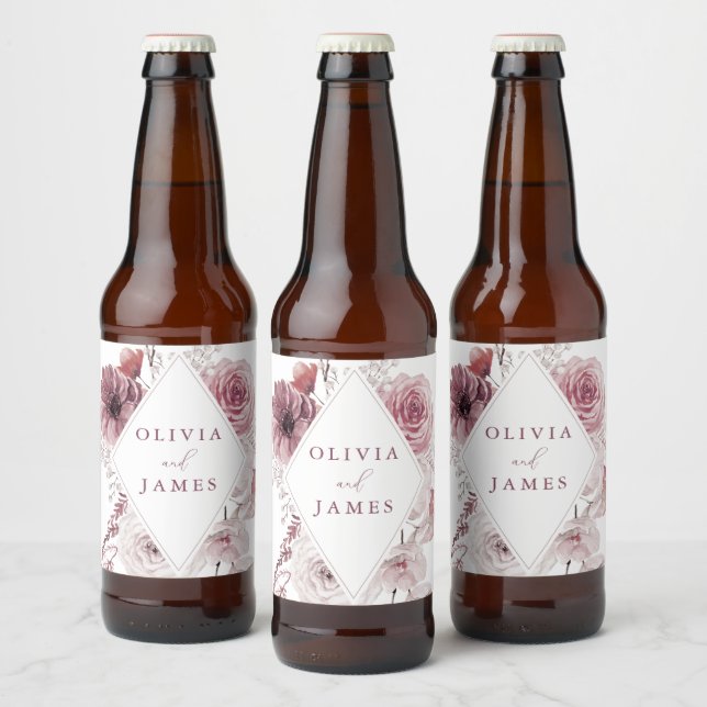 Botanical Boho Floral Mauve Wedding Bierflaschenetikett (Flaschen)