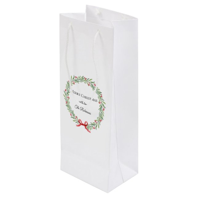 Botanical Christmas Wreath Modern Script  Geschenktüte Für Weinflaschen (Rückseite Schrägansicht)