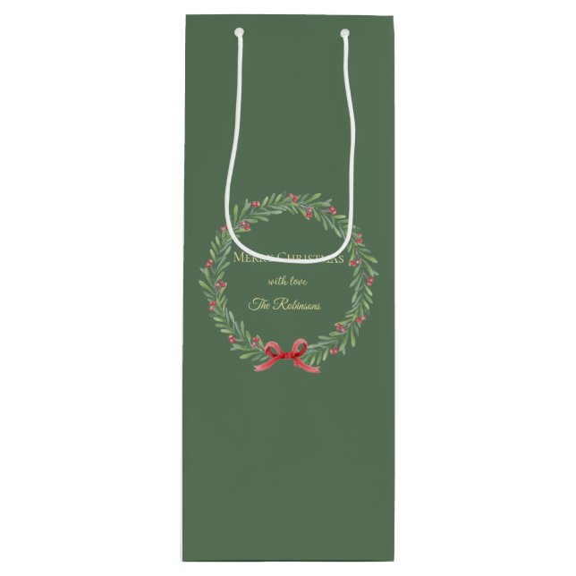 Botanical Christmas Wreath Modern Script  Geschenktüte Für Weinflaschen (Vorderseite)