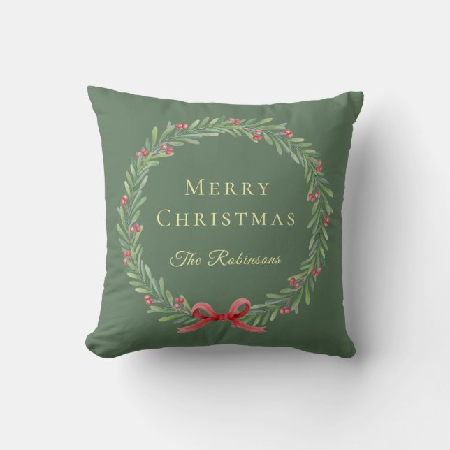 Botanical Christmas Wreath Modern Script Kissen (Vorderseite)