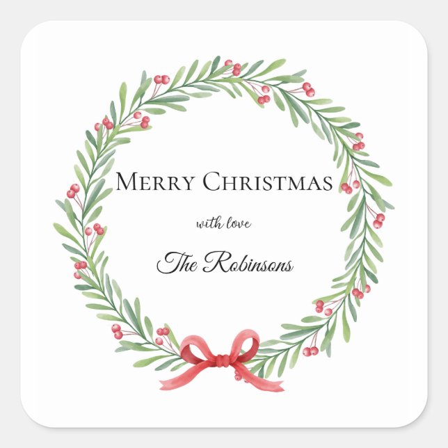 Botanical Christmas Wreath Modern Script Quadratischer Aufkleber (Vorderseite)
