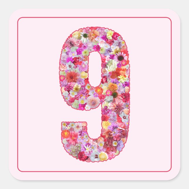 Botanical Colorful Pink Month Number 9 Quadratischer Aufkleber (Vorderseite)