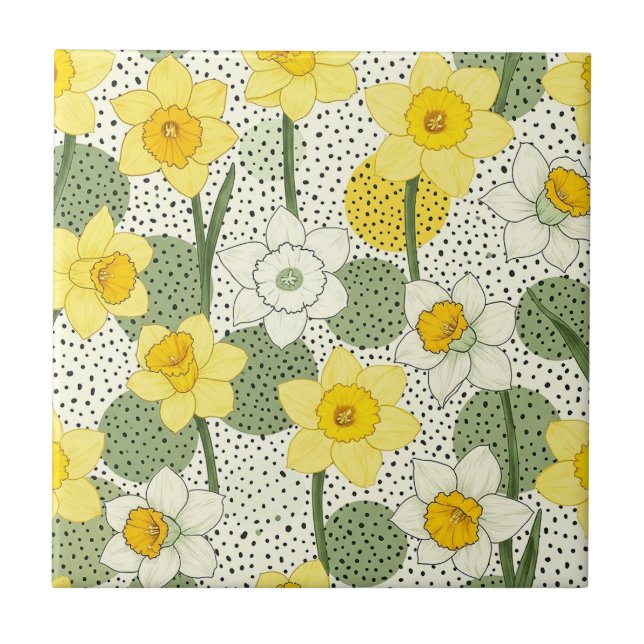 Botanical Daffodil Floral Geometric Pattern (3) Fliese (Vorderseite)