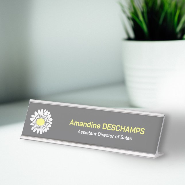 Botanical Daisy Blume Grau Schreibtischnamensplakette (Botanical Daisy Flower Gray Desk Name Plate)