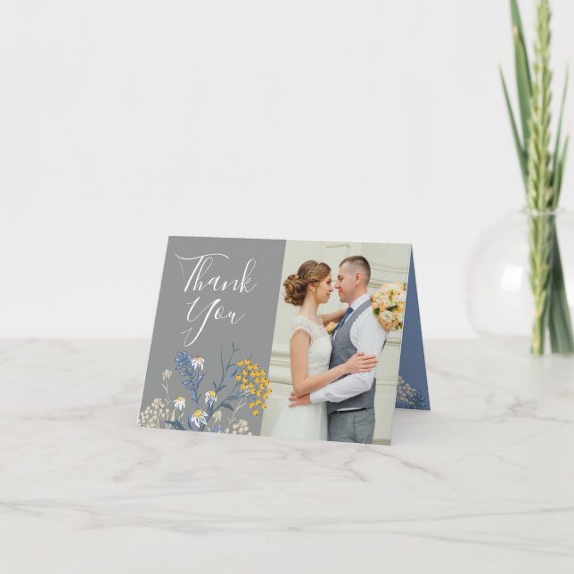 Botanical Daisy Yellow & Blue Wedding Vielen Dank Karte (Vorderseite)