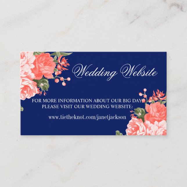 Botanical Dark Blue and Coral - Website für Hochze Begleitkarte (Vorderseite)