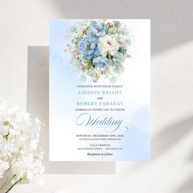Botanical Dusty Blue White Peony Wedding Invites Einladung (Botanical Dusty Blue White Peony Wedding Invitation)