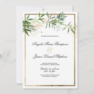 Botanical elegant white mint gold foliage wedding  einladung