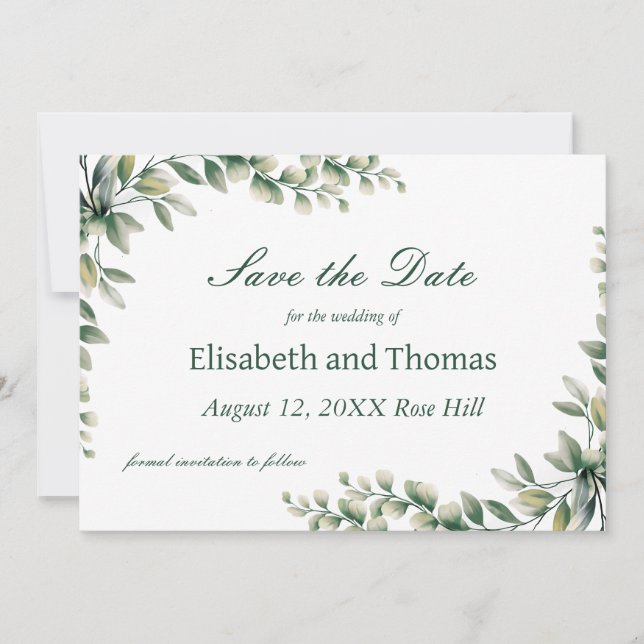 Botanical eucalyptus leaves save the date card dankeskarte (Vorderseite)