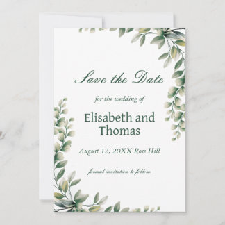 Botanical eucalyptus leaves save the date card dankeskarte