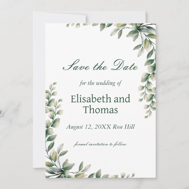 Botanical eucalyptus leaves save the date card dankeskarte (Vorderseite)