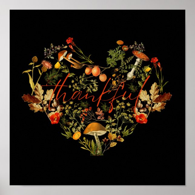Botanical Floral Fall Quote Thankful Mushrooms  Poster (Vorne)