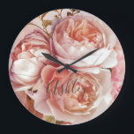 BOTANICAL FLORAL PEONY Name Monogram Große Wanduhr<br><div class="desc">BOTANICAL FLORAL PEONY Name Monogram Large Wall Clock - Decorate your home in style with this gorgeous wall clock featuring a beautiful bouquet of pink roses and peony, over a beautiful pink and blue watercolor background. An elegant, white screened layer bordered by an inner faux gold leaf stroke frames the...</div>
