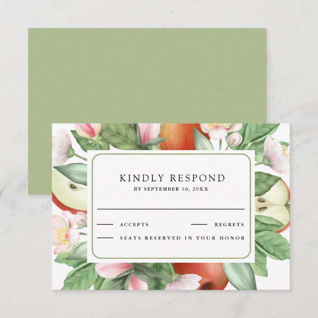 Botanical Floral Red Apple Orchard Wedding RSVP Karte (Vorne/Hinten)