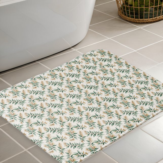 Botanical Foliage Green Golden Leaf Pattern Badematte (A stylish bath mat in green, cream and rust, with botanical foliage pattern)