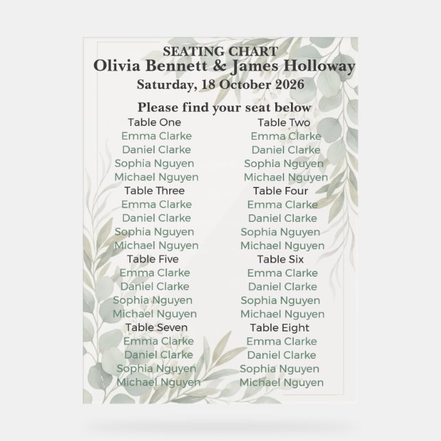 Botanical Garden Wedding Seating Chart Acrylschild (Vorderseite)