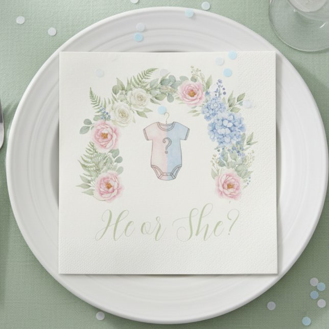 Botanical Gender Reveal Napkin Serviette (Gender reveal party napkin)