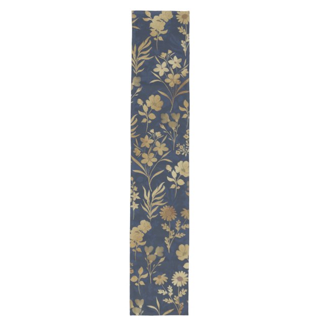 Botanical Gold Flowers Blue Pattern Mittelgroßer Tischläufer (Vorderseite)