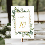 Botanical Green Wedding Gold Glitter Number 10, Tischnummer<br><div class="desc">Table 10. Please check all available numbers. | This wedding table number features painted watercolor eucalyptus greenery and green leaves with a faux gold glitter rectangular frame,  text,  and number. For more advanced customization of this design,  please click the BLUE DESIGN TOOL BUTTON above!</div>