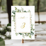 Botanical Green Wedding Gold Glitter Number 3,   Tischnummer<br><div class="desc">Table 3. Please check all available numbers. | This wedding table number features painted watercolor eucalyptus greenery and green leaves with a faux gold glitter rectangular frame,  text,  and number. For more advanced customization of this design,  please click the BLUE DESIGN TOOL BUTTON above!</div>