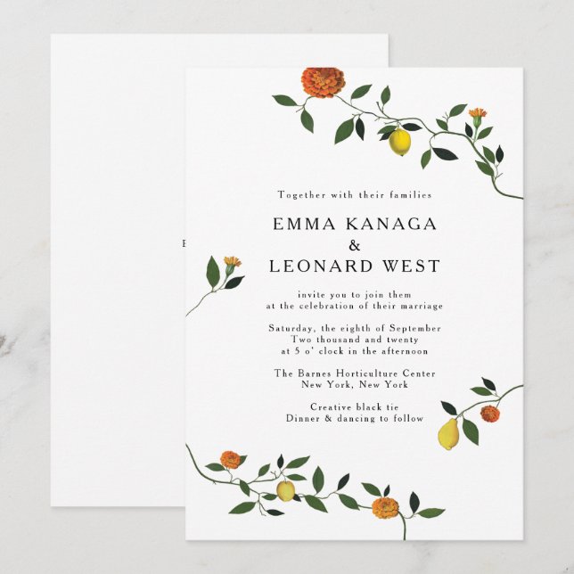 Botanical Greenerife, Lemons, Marigolds Invitation (Devant / Derrière)