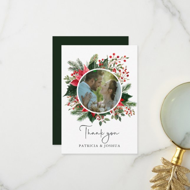 Botanical Greenery Christmas Wedding Photo Dankeskarte (Vorderseite/Rückseite Beispiel)