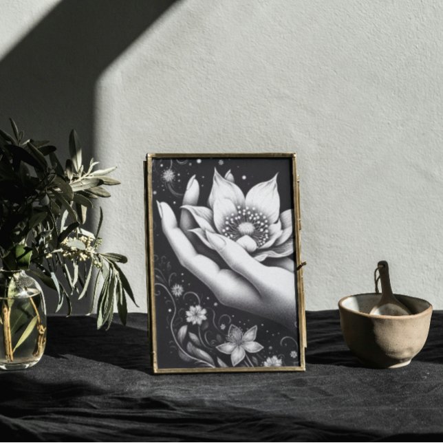 Botanical Hand Etching with Falling Petals Canvas Leinwanddruck (Mystical feminine lotus art, soft power and floral elegance for modern boho or Japandi-style decor)