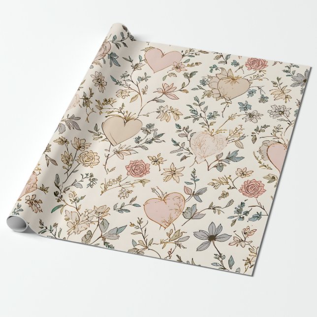 Botanical Hearts Romantic Floral Valentine Pattern Geschenkpapier (Ungerollt)