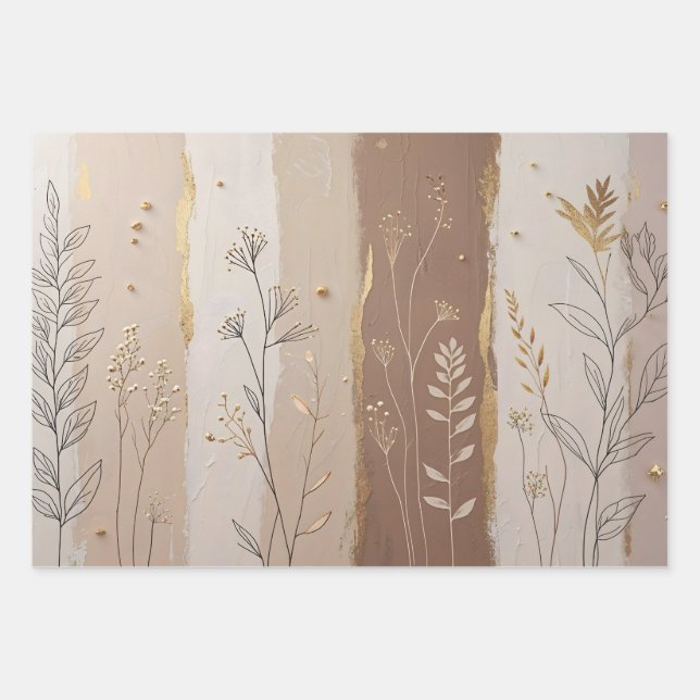 Botanical Leaves and Flowers Beige and Brown  Geschenkpapier Set (Vorderseite)
