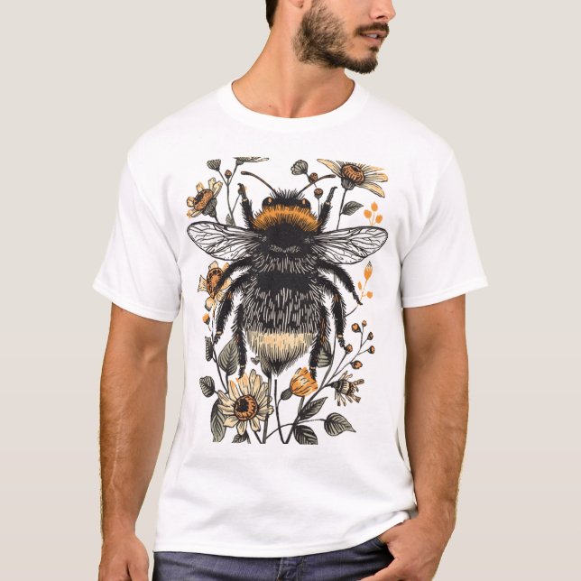 Botanical Linocut Bumblebee Design T-Shirt (Vorderseite)