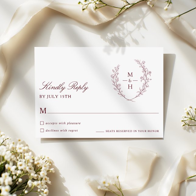 Botanical Monogram Burgundy Script Wedding RSVP (Von Creator hochgeladen)