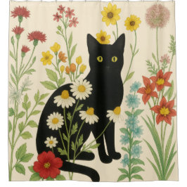 Botanical Nature – Black Cat in Wildflower Garden Duschvorhang