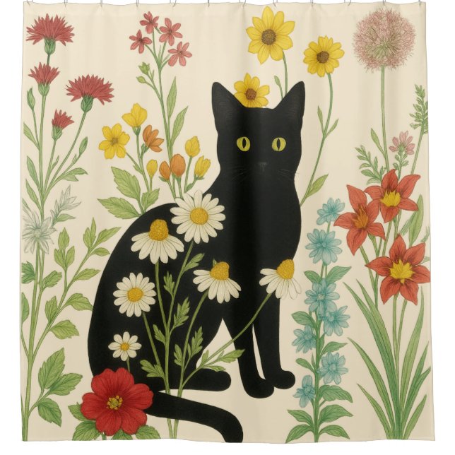 Botanical Nature – Black Cat in Wildflower Garden Duschvorhang (Vorderseite)