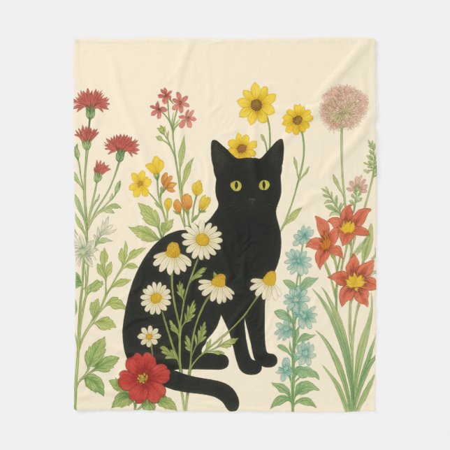 Botanical Nature – Black Cat in Wildflower Garden Fleecedecke (Vorderseite)