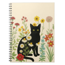 Botanical Nature – Black Cat in Wildflower Garden Notizblock