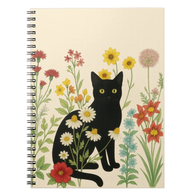 Botanical Nature – Black Cat in Wildflower Garden Notizblock (Vorderseite)