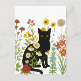 Botanical Nature – Black Cat in Wildflower Garden Postkarte