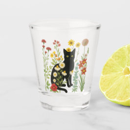 Botanical Nature – Black Cat in Wildflower Garden Schnapsglas