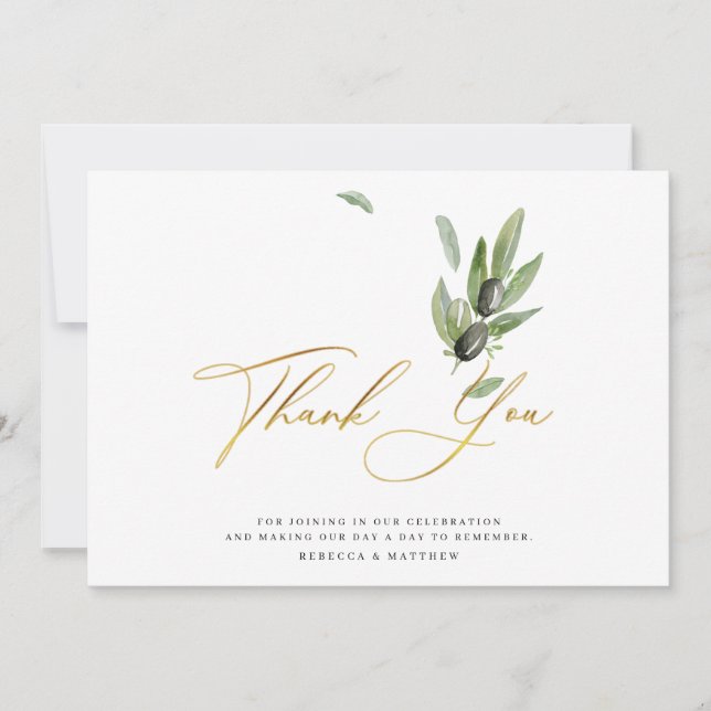 Botanical Olive Branch Calligraphy Wedding Photo Dankeskarte (Vorderseite)