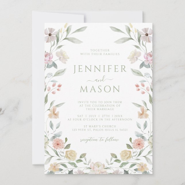 Botanical Pastel Flower Wreath Wedding Invitation (Devant)