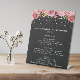 Botanical Pink Flowers Diamond Glitter Black Salon Sockelschild