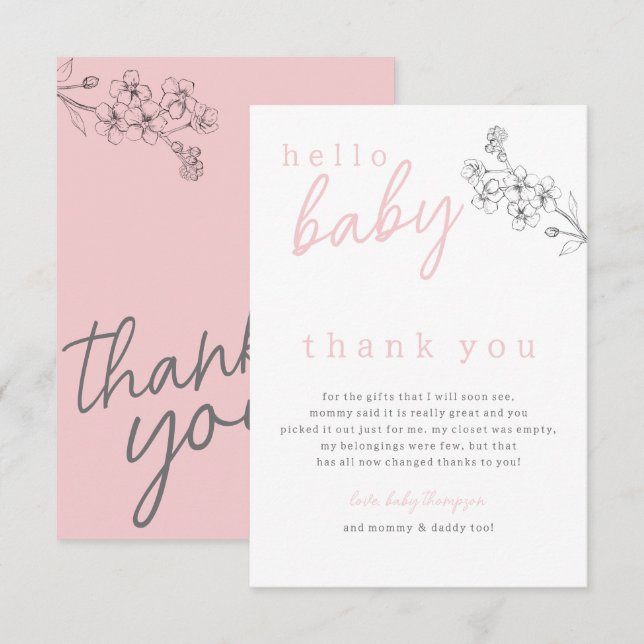 Botanical Pink Hello Baby Dusche Vielen Dank Dankeskarte (Vorne/Hinten)