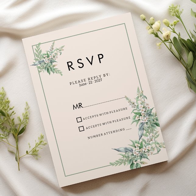 Botanical pink mint ivory floral RSVP Einladung (Botanical pink mint ivory floral RSVP )