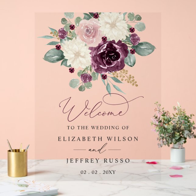 Botanical Plum Floral Wedding Welcome Sign (Mariage)