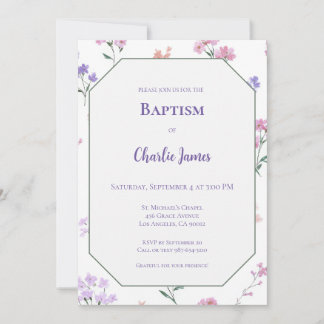 Botanical Purple Pink Baptism Invitation