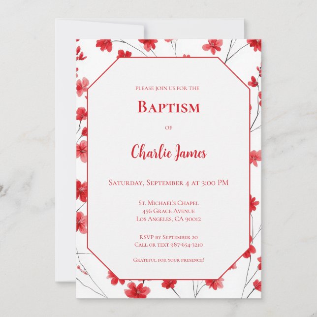 Botanical Red Baptism Invitation (Devant)