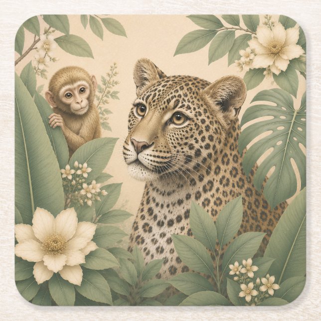 Botanical Safari Leopard Papier Untersetzer (Vorderseite)