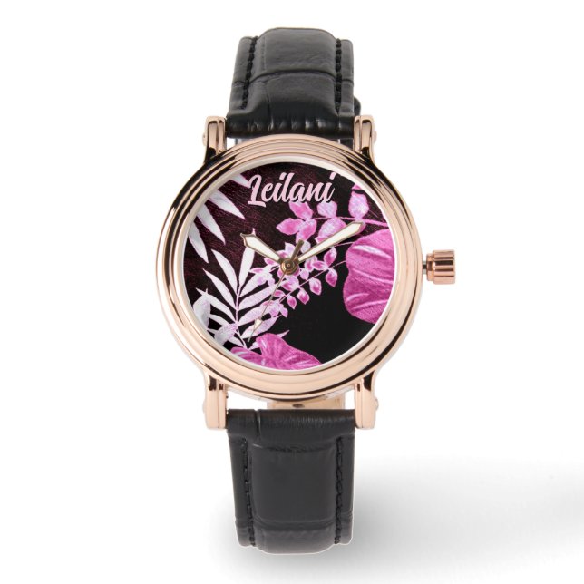 Botanical Tropical Leaves Palm Pink Personalized Armbanduhr (Vorderseite)