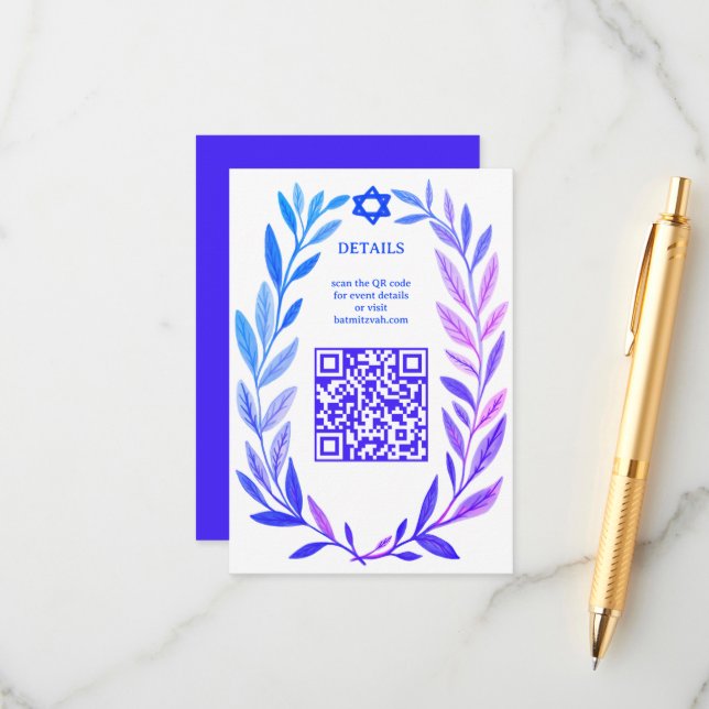 Botanical Watercolor CUSTOM QR Bar Bat Mitzvah Begleitkarte (Vorderseite/Rückseite Beispiel)